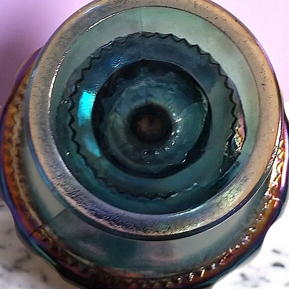 Iridescent Blue Carnival Glass Compote Dish by Indiana Kings Crown Thumbprint - Picture 9 of 11